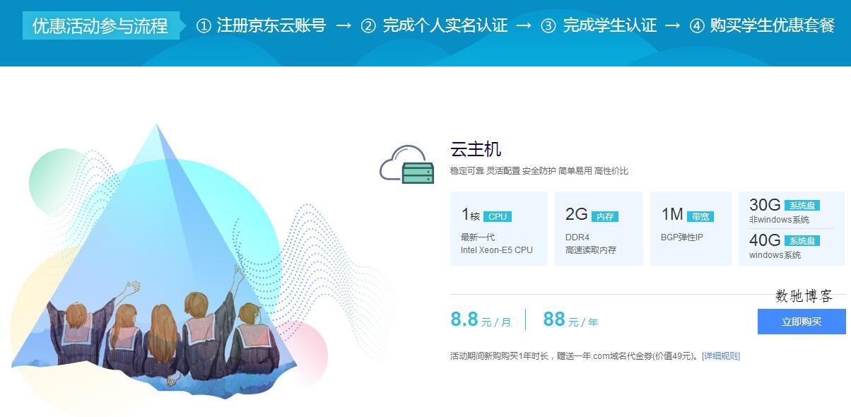 京东云学生88一年送COM域名-数驰博客