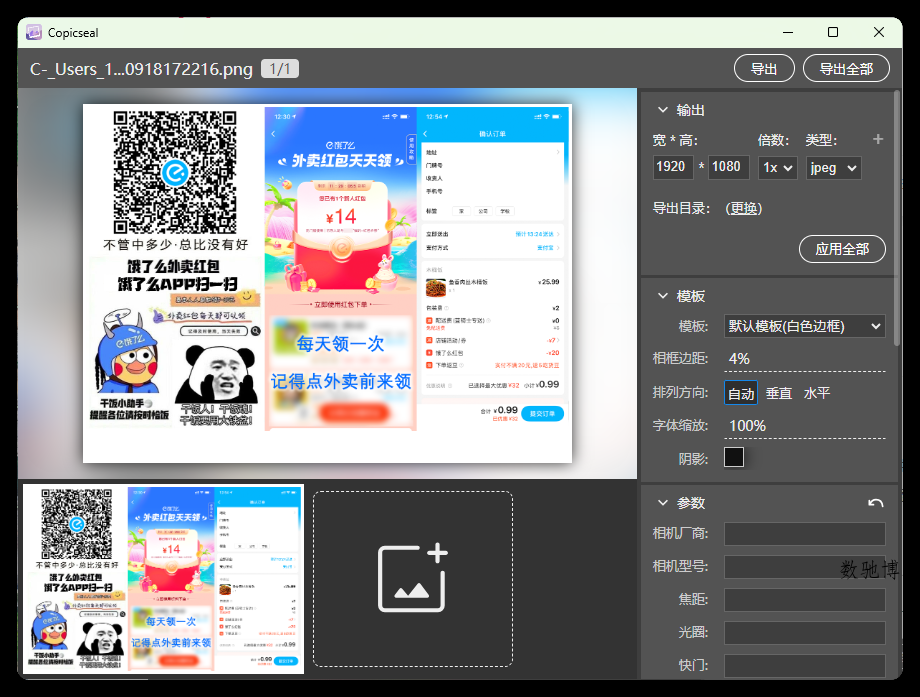 Copicseal v0.3.9:免费图片水印工具,批量添加EXIF相机参数水印-数驰博客